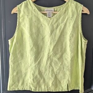 Sage Green 100% Linen Floral Embroidered Sleeveless Top Womens Sz M